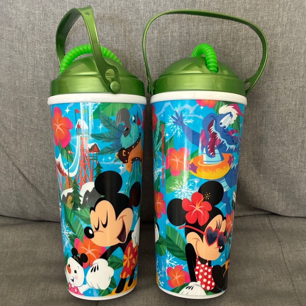 Disney Typhoon Lagoon Mickey Mouse refillable Tumbler lot w/ Green Lid And Straw